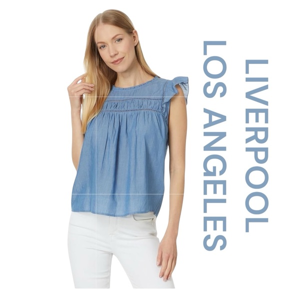 LIVERPOOL LOS ANGELES Blue Flutter Sleeve Ruffled Blouse, Sizes M & L. - Picture 1 of 13
